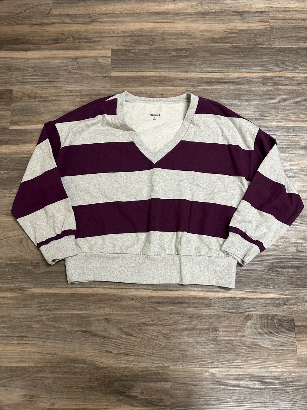 Torrid Gray and Burgundy Striped V-Neck Pullover Sweatshirt